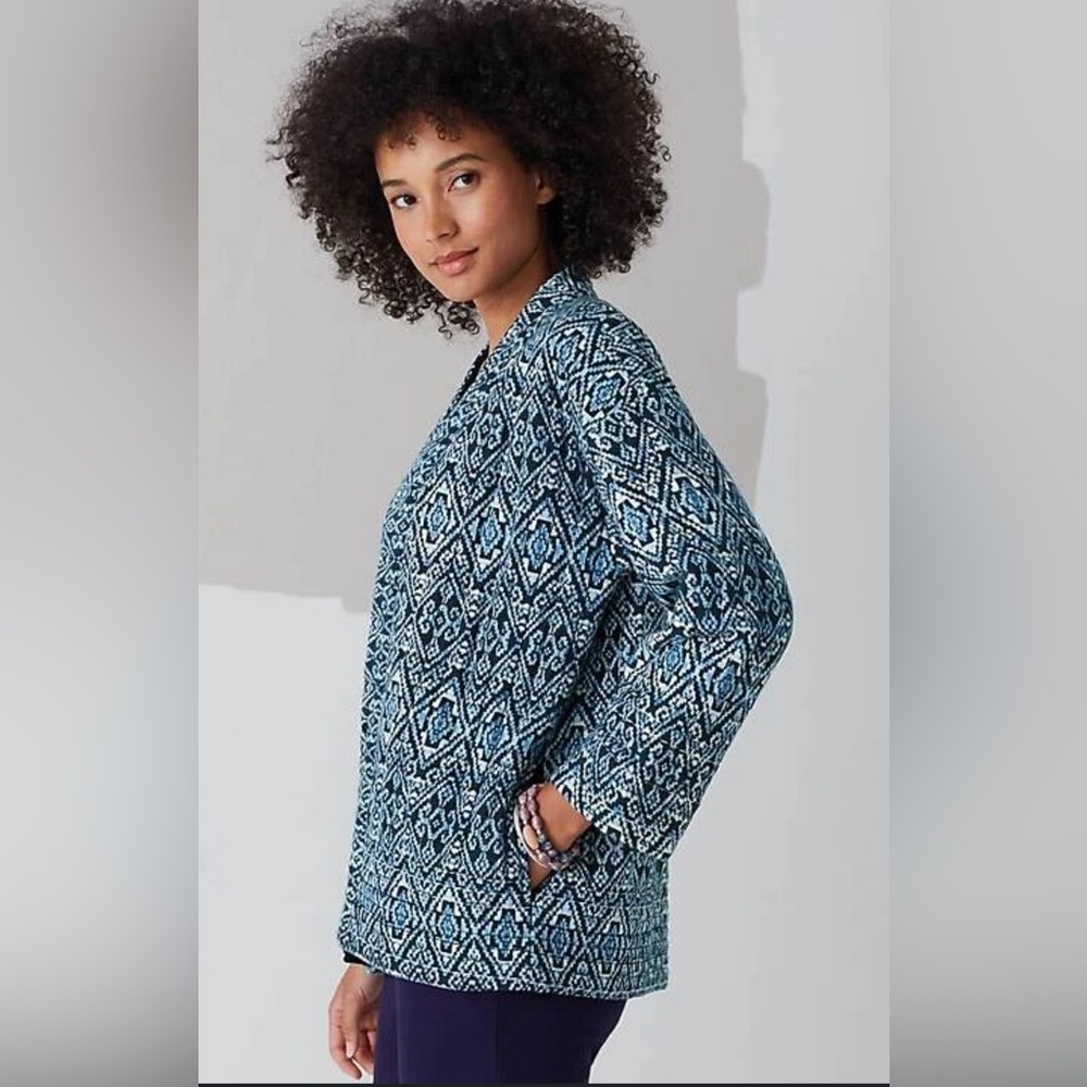 ✨SOLD✨ J Jill Pure Jill Quilted Square-Sleeve Blue Geometric Jacket Size 3X - Picture 2 of 13